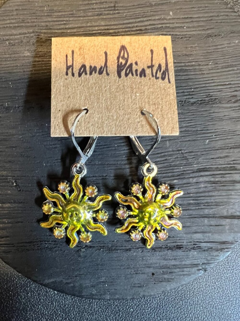 Hand Painted Sun Dangle Earrings, Silvertone and Yellow
